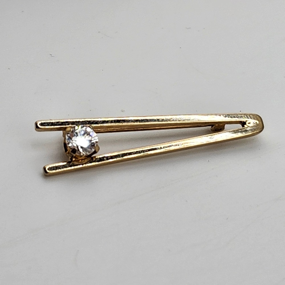 Gold Tone‎ Bar Pin Brooch with Round Faceted Rhinestone Accent Vintage